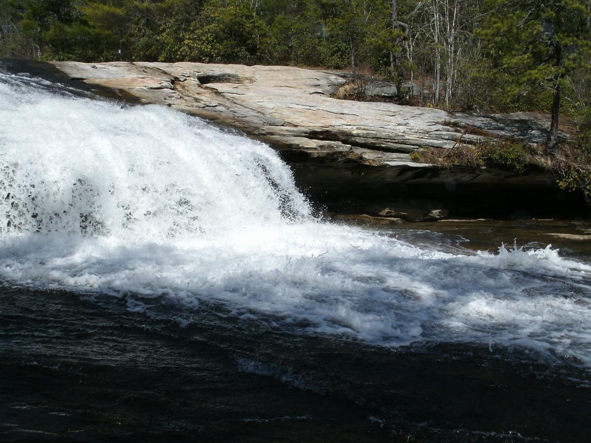 A cascading waterfall tumbling over a rocky ledge, surrounded by lush green trees and shrubs, with swirling water creating white foam at the base. The scene captures the natural beauty and tranquility of a forested landscape. DuPont State Recreational Forest mountain bike trail.