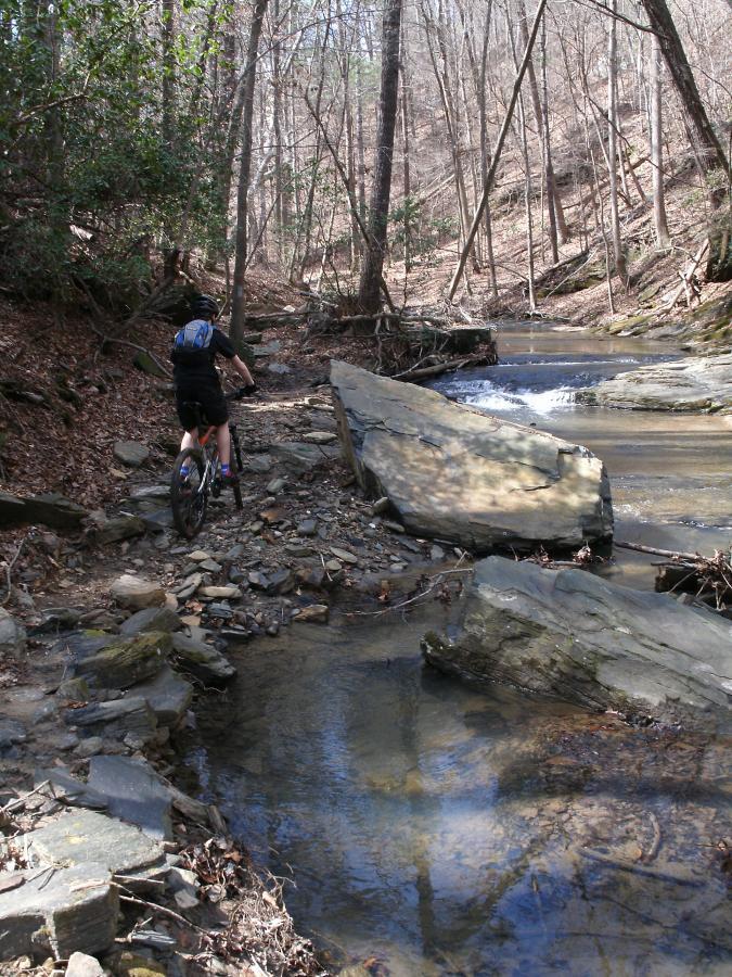 A person biking along a rocky trail beside a small stream in a wooded area, with trees in the background and sunlight filtering through the branches. Leatherwood Creek / #234b mountain bike trail.