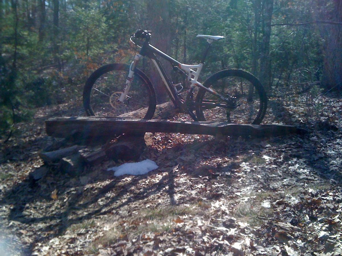A mountain bike resting on a log in a wooded area, surrounded by fallen leaves and patches of snow. Sunlight filters through the trees, creating a natural outdoor setting. Willowdale Forest mountain bike trail.