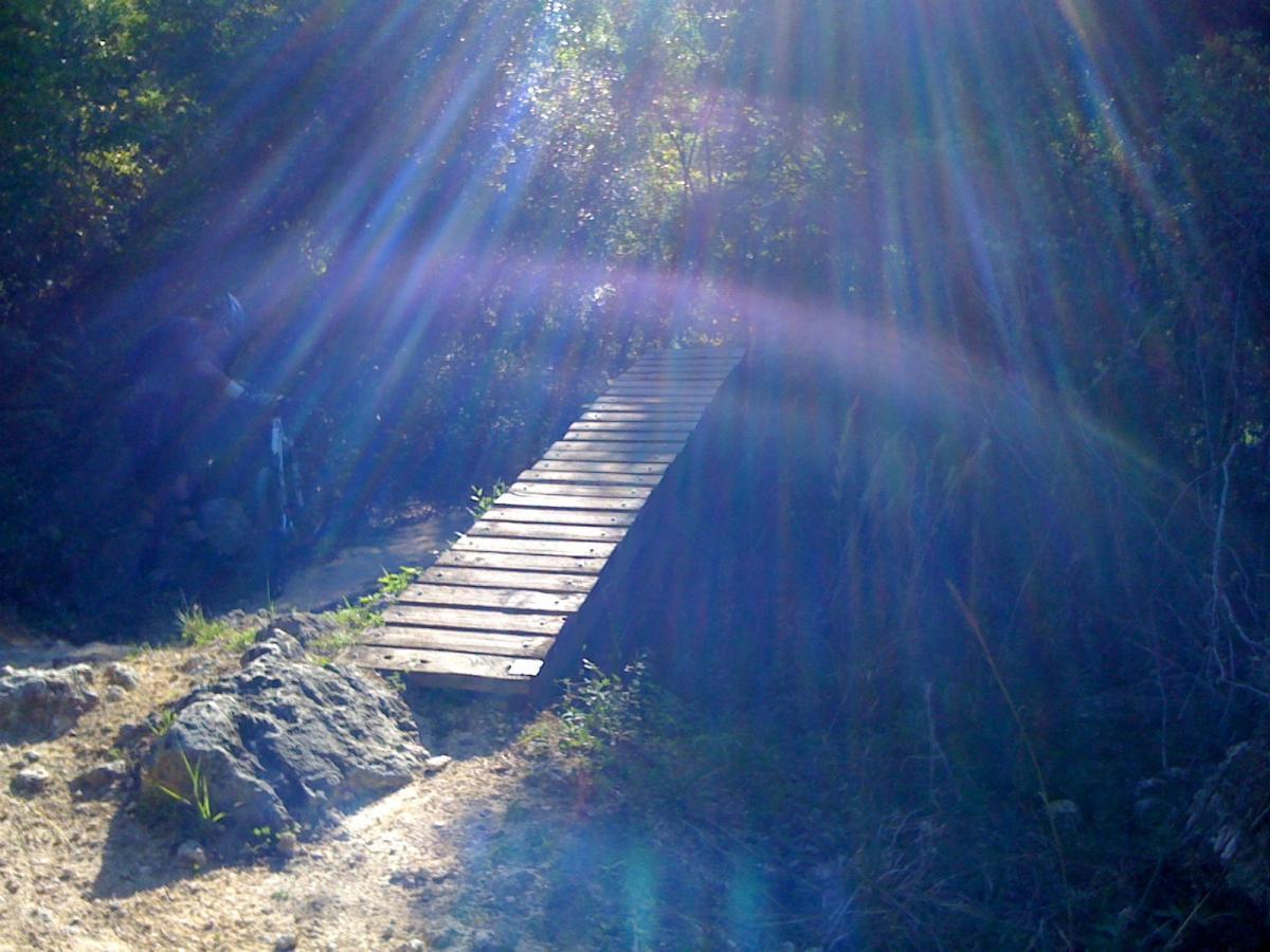 A wooden bridge spans a small gap in a lush, green forest illuminated by sunlight, with beams of light creating a radiant effect. In the background, a person can be seen with a bicycle, preparing to cross the bridge. The scene captures a sense of adventure and connection with nature. Santos mountain bike trail.