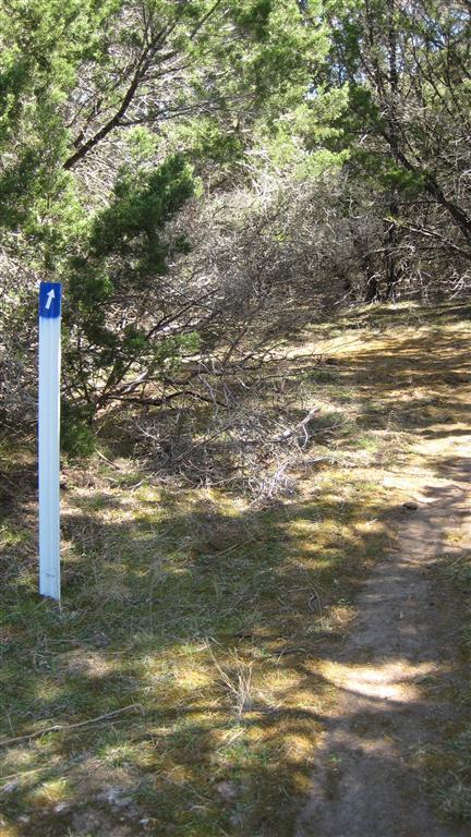 A narrow dirt path winds through a wooded area, with tall grasses and shrubs on either side. A blue directional sign on a white post indicates the path continues straight ahead, surrounded by dense foliage and trees. Blora mountain bike trail.