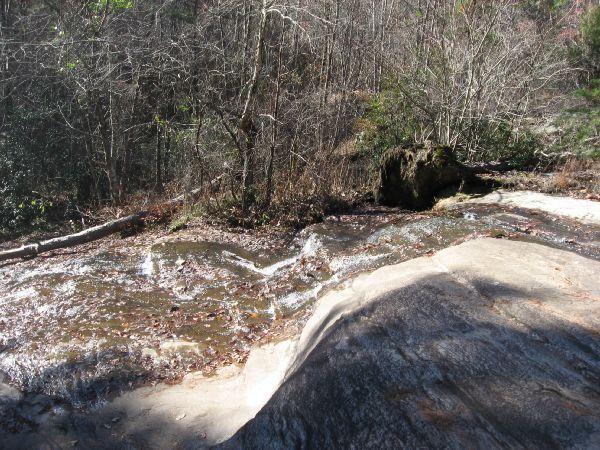 A serene natural scene featuring a gently flowing stream over a rocky surface, surrounded by bare trees and foliage. The sunlight filters through the branches, casting soft shadows on the landscape. Latham Cemetary mountain bike trail.