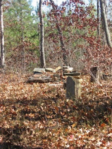 A weathered stone marker stands in a woodland area, surrounded by fallen leaves and trees with reddish foliage. In the background, a small pile of stones adds to the rustic, natural setting. The image captures a tranquil, overgrown scene that hints at historical significance. Latham Cemetary mountain bike trail.