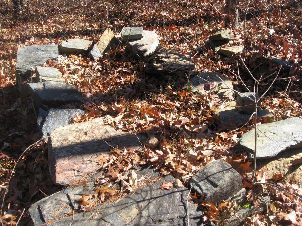 A circular arrangement of stone slabs partially covered with fallen leaves, set within a forested area. The scene captures the natural decay of autumn with scattered leaves and bare trees in the background. Latham Cemetary mountain bike trail.