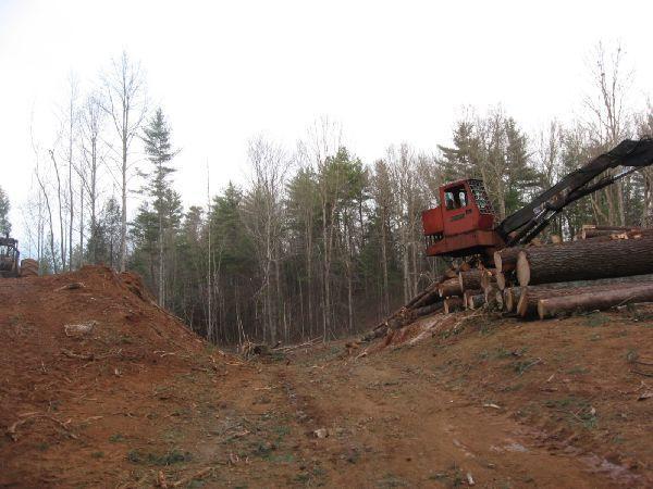 A logging machine is situated on a dirt path amidst a deforested area, with piles of cut tree trunks nearby. The background features a line of trees, indicating the edge of a forest. The sky is overcast, creating a somber atmosphere. Montgomery Creek Trail mountain bike trail.