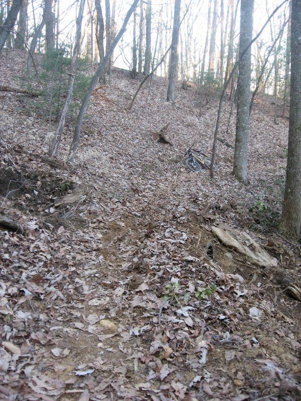 A wooded hillside covered in fallen leaves, with a slight incline and visible tire tracks. A bicycle is partially visible among the trees and leaf litter. The scene is set in a natural environment, showcasing a mix of trees and earth. Bull Mountain / 223 mountain bike trail.