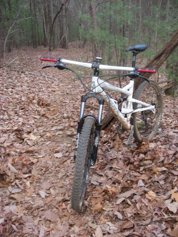 Mountain bike resting on a dirt trail covered with fallen leaves, surrounded by a forested area with trees in the background. Black Branch Connector mountain bike trail.