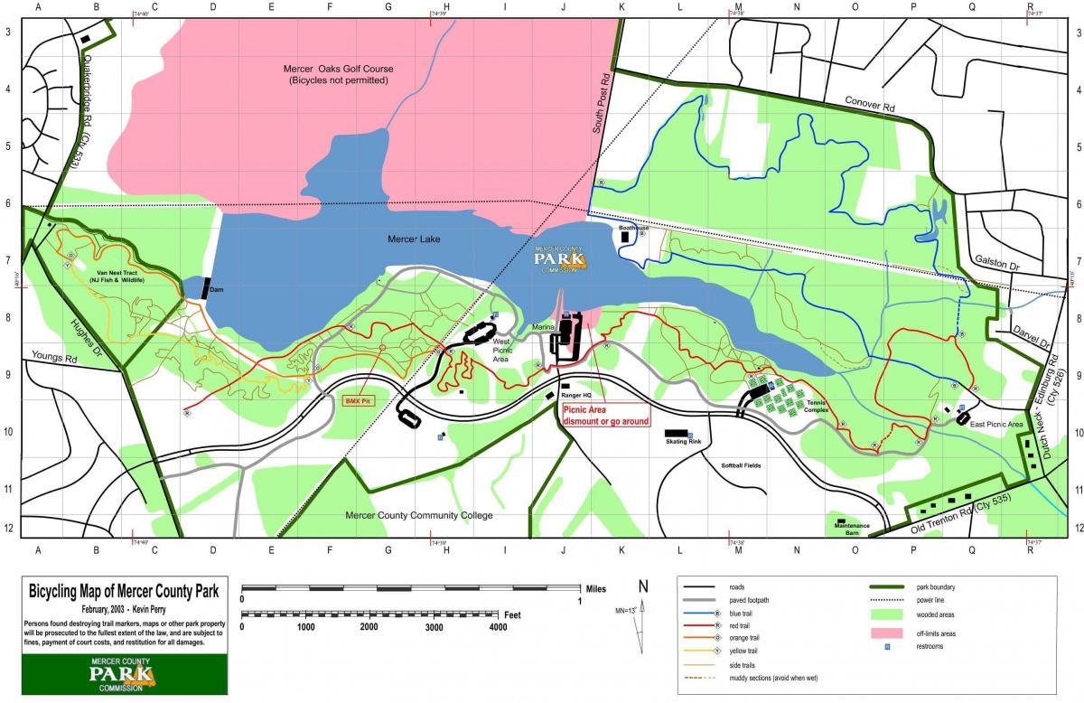 Bicycling map of Mercer County Park, featuring trails for different types of bicycles and indicating areas such as Mercer Lake, picnic areas, and park facilities. The map includes highlighted paths in various colors (blue, red, orange, yellow) representing different trails, as well as details about nearby roads, restrooms, and off-limits areas. A legend and scale bar for distance are provided at the bottom. Mercer County Park mountain bike trail.