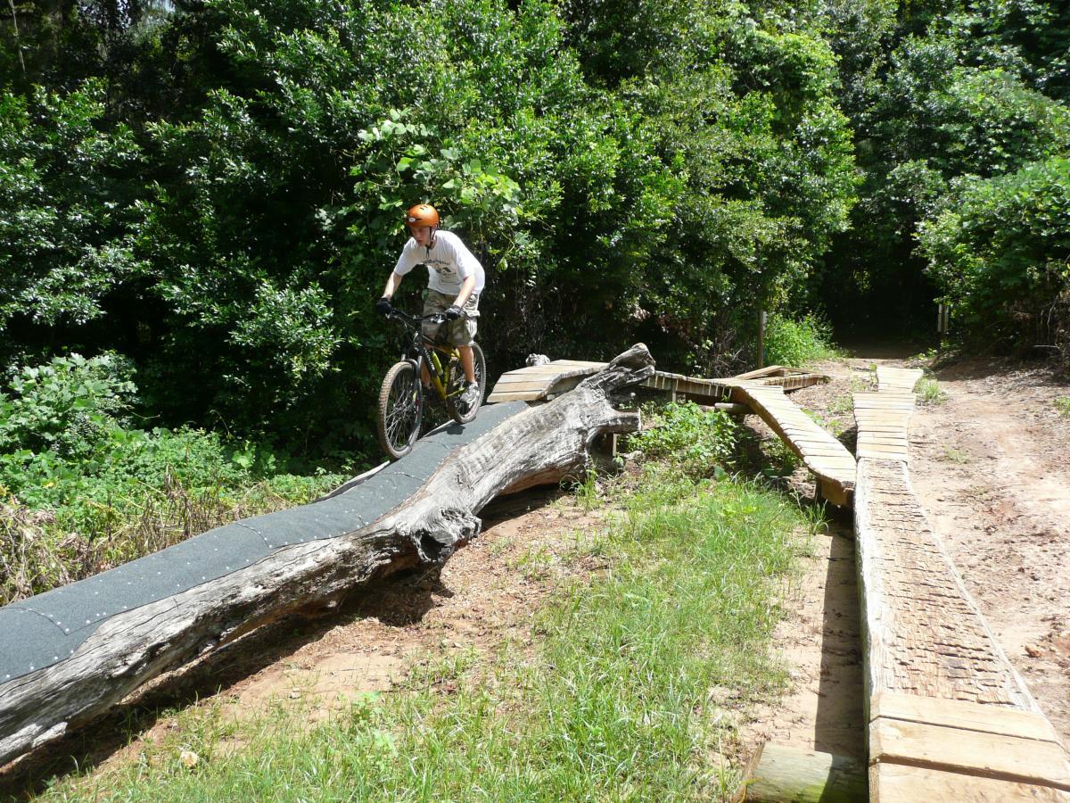 A mountain biker navigating a wooden trail feature made of logs and planks, surrounded by lush greenery and trees in a sunny outdoor setting. Tom Brown / Lafayette Heritage Park mountain bike trail.