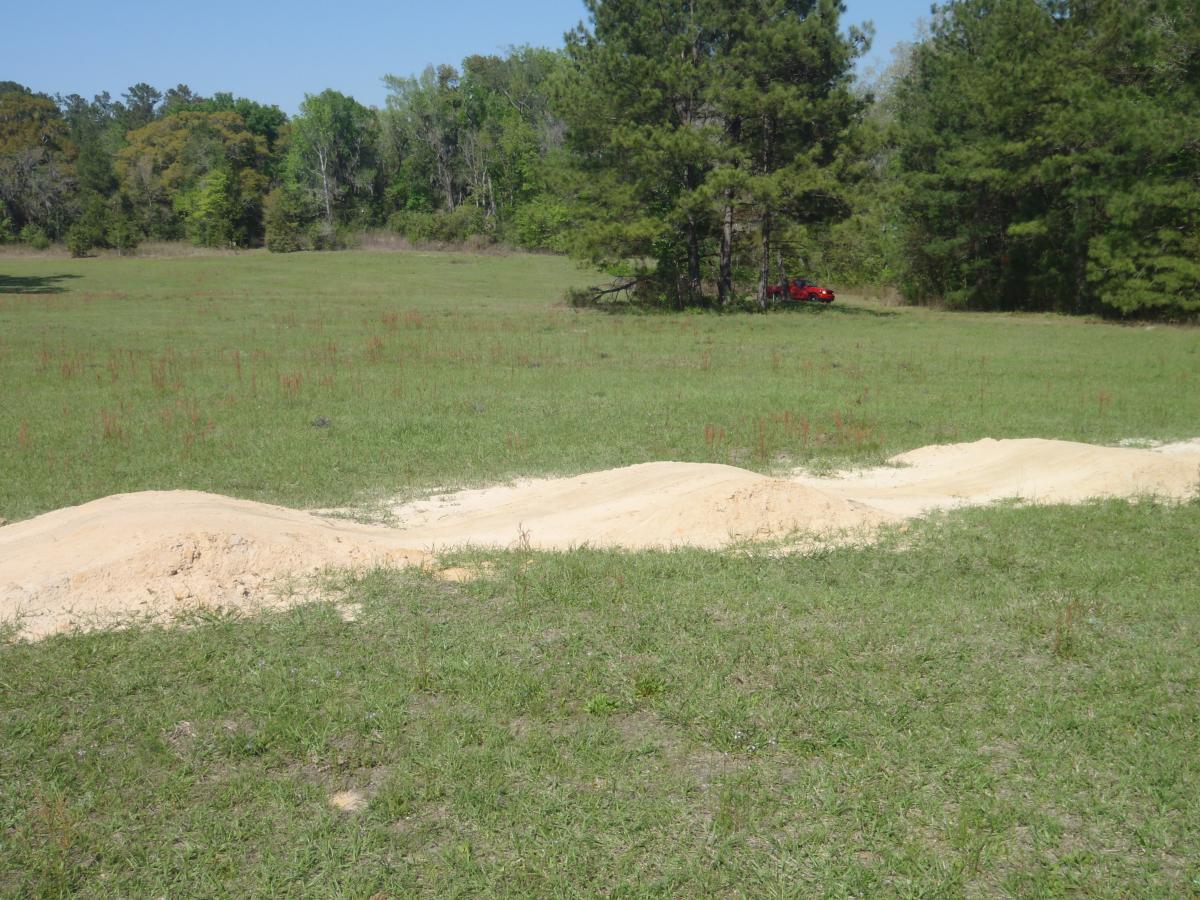 A view of a grassy field with a sandy, wavy track running through it. In the background, there are trees and a small red vehicle partially visible. The sky is clear and blue, indicating a sunny day. The Rock Trail mountain bike trail.