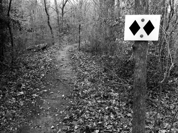 A narrow, dirt trail winds through a dense forest, surrounded by trees and fallen leaves. A white sign with two black diamonds is attached to a tree on the right side of the path, indicating the trail direction. The image is in black and white, enhancing the mood of the quiet, natural setting. The Beast mountain bike trail.