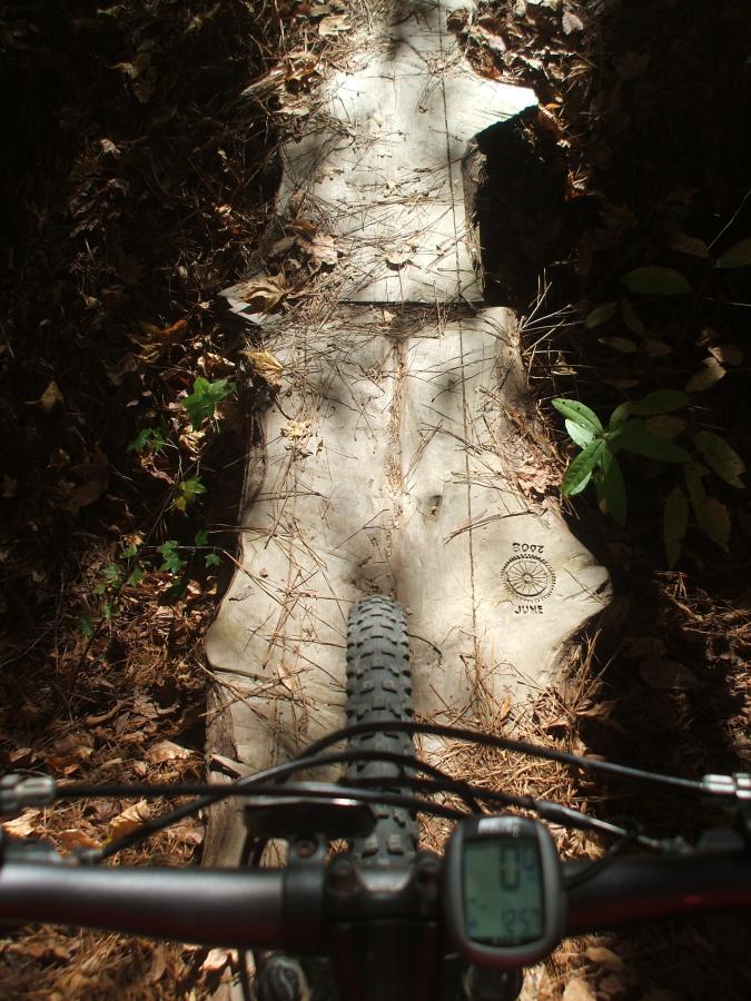 Alt text: A mountain bike viewed from above, with the front wheel on a wooden plank trail surrounded by fallen leaves and greenery in a forest setting. A bike computer displays 0.0 miles traveled and 25.3 miles per hour. Sunlight filters through the trees, casting shadows on the trail. Big Rock Loop mountain bike trail.