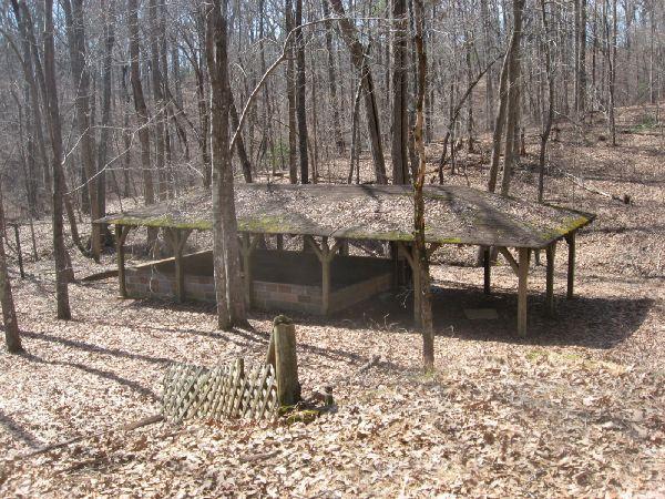 A rustic, open picnic shelter surrounded by bare trees and fallen leaves in a wooded area. The shelter's roof is covered with moss, and it is supported by wooden posts. In the foreground, there is a decorative wooden lattice structure, adding to the natural setting. Blackburn State Park mountain bike trail.