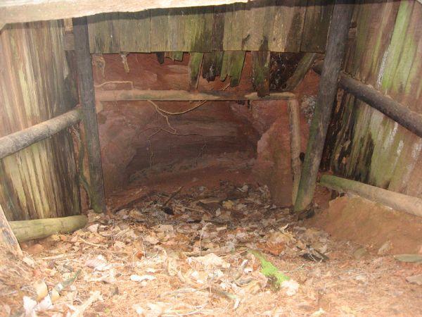 Alt text: An entrance to a small, weathered structure in a forest, featuring wooden beams and a dirt floor covered with fallen leaves. The interior appears dark and slightly dug out, with red clay walls visible. Blackburn State Park mountain bike trail.