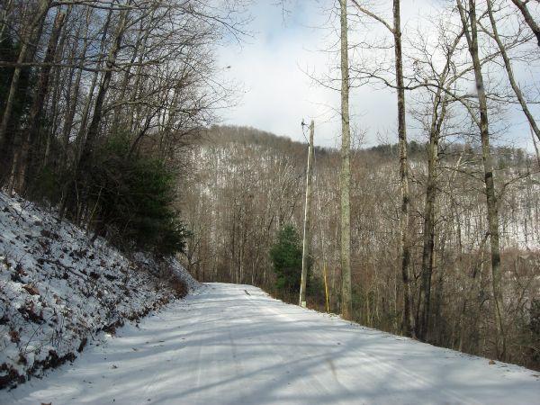 A snowy, rural road winding through a wooded area, with bare trees lining both sides and a mountainous backdrop. The road is partially covered in snow, and there is a power pole visible on the right. Overcast skies can be seen above, suggesting a chilly winter day. Winding Stairs Loop mountain bike trail.