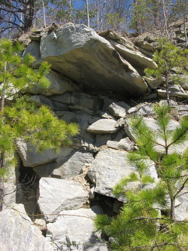 A rocky cliffside featuring large, layered stones and patches of greenery, including small pine trees. The background shows a clear blue sky and visible trees in the distance, indicating a natural outdoor setting. Rock Quarry Road mountain bike trail.