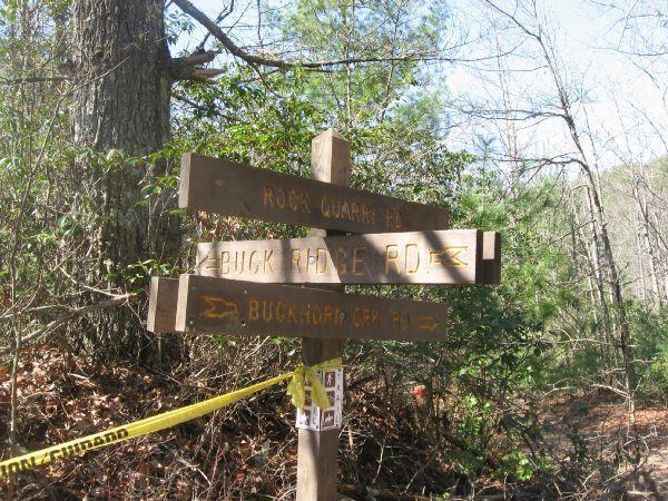 A wooden signpost at a trail intersection displaying directions for "Rock Quarry Rd," "Buck Ridge Rd," and "Buck Fort Crk Rd," surrounded by trees and foliage. A caution tape is visible in the foreground. DuPont State Forest mountain bike trail.