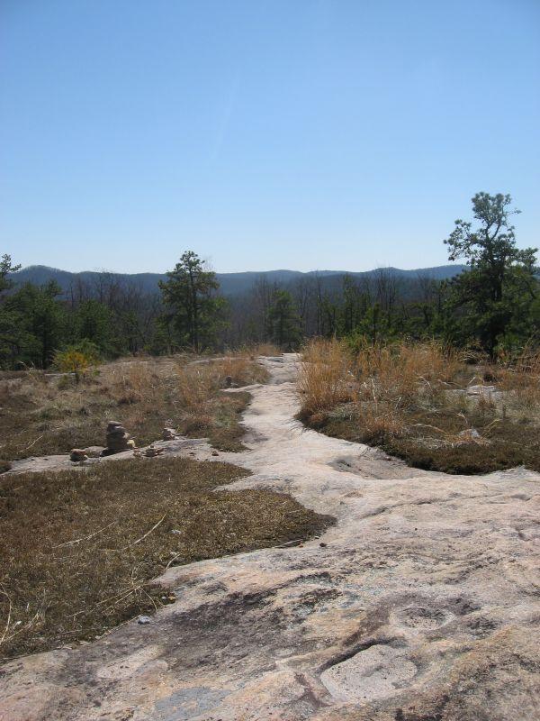 A rocky trail winding through a grassy landscape, with sparse vegetation and distant hills under a clear blue sky. Cedar Rock Trail #16 mountain bike trail.