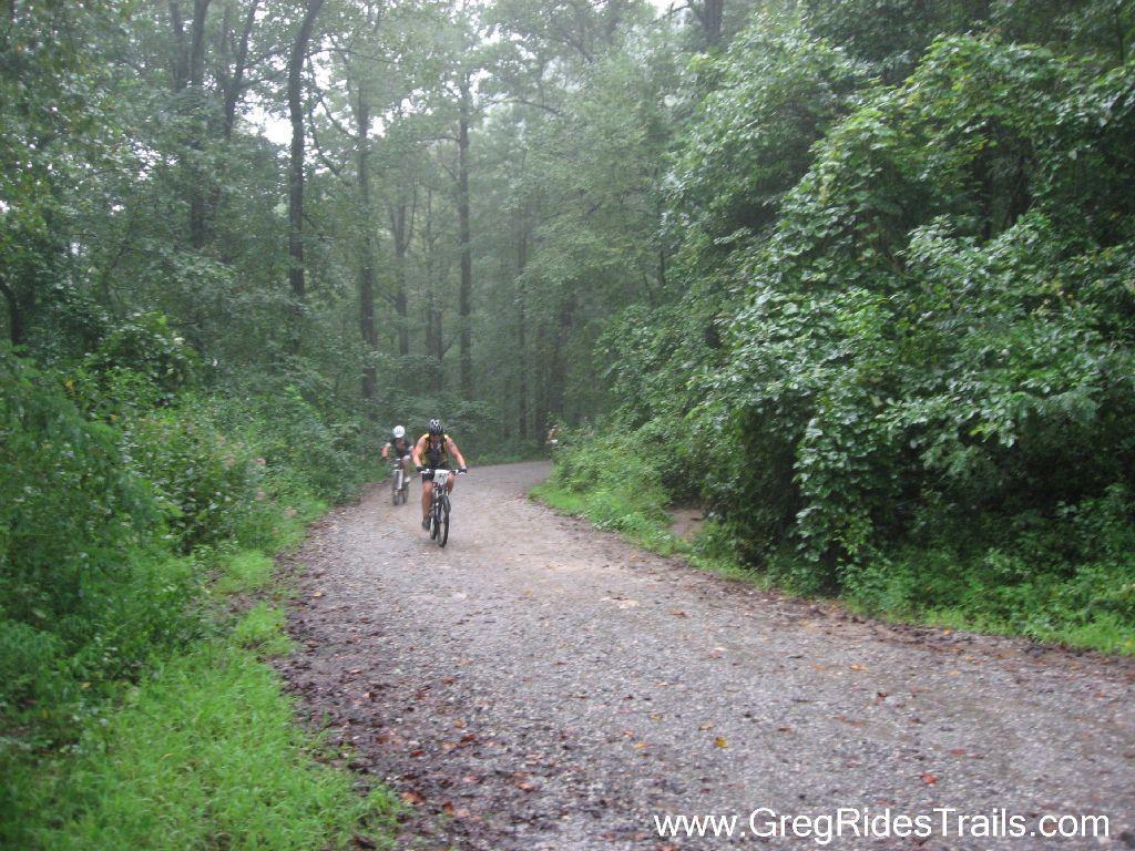Two mountain bikers ride along a gravel path in a lush, green forest during light rainfall. Trees and foliage surround the trail, creating a serene, nature-filled atmosphere. The scene conveys a sense of adventure and exploration in the outdoors. Winding Stairs Loop mountain bike trail.