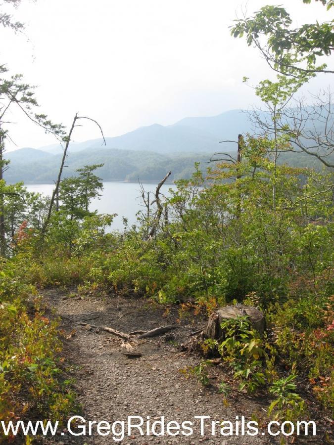 A scenic view of a hiking trail winding through a forest, with low shrubs and trees on either side. In the background, mountains rise above a calm body of water, partially obscured by mist. The path is earthy with a few fallen branches, leading toward the water's edge. Tsali Right Loop mountain bike trail.