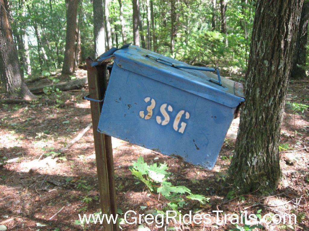 A weathered blue mailbox with the number "3SG" on its side, mounted on a rusty post, is positioned in a wooded area with tall trees and scattered green foliage. Sunlight filters through the leaves, creating a dappled effect on the forest floor. Winding Stairs to Montgomery Creek Trail mountain bike trail.