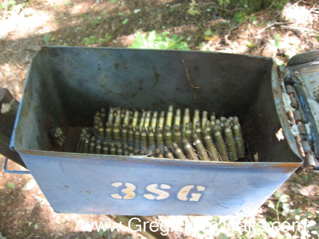 A blue metal ammunition box partially open, revealing rows of shotgun shells inside. The box is sitting on a forest floor covered with pine needles and surrounded by greenery. The exterior shows signs of wear and rust. The number "3SG" is visible on the front of the box. Winding Stairs to Montgomery Creek Trail mountain bike trail.