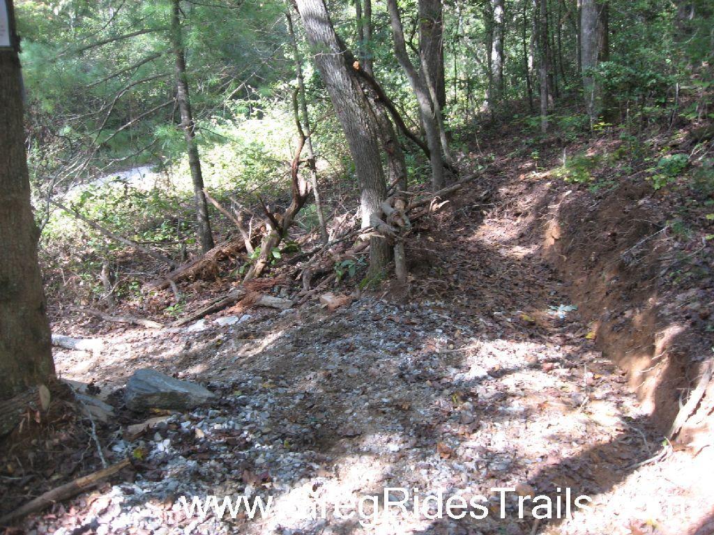 A narrow, unpaved trail winding through a wooded area, surrounded by trees and underbrush. The ground is a mix of rocky and earthy textures, with some clearings and fallen branches. Sunlight filters through the leaves, illuminating the path. Jake to Bull Mountain Connecter mountain bike trail.