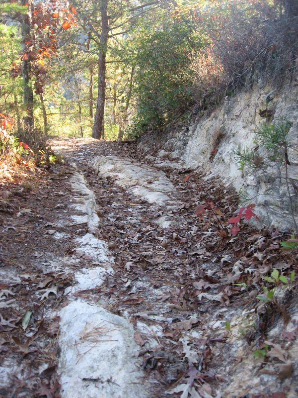 A narrow, rustic hiking trail surrounded by trees and foliage, with a rocky surface partially covered in fallen leaves, leading deeper into a wooded area. Sunlight filters through the trees, casting a warm glow on the path. Flint Ridge mountain bike trail.