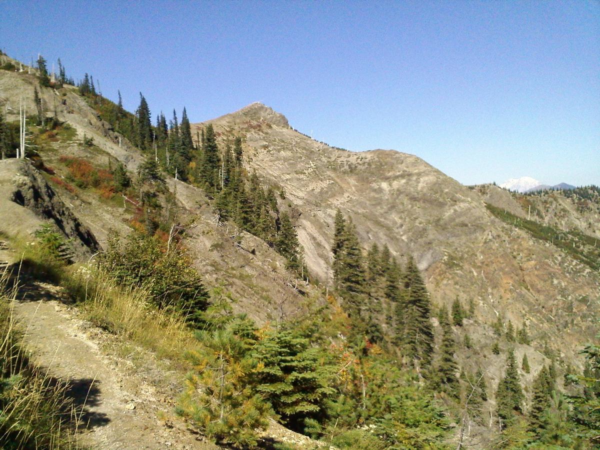 A scenic mountain landscape showcasing steep, rugged terrain with evergreen trees and sparse vegetation, under a clear blue sky. The foreground features a dirt path leading into the wilderness, while the background displays towering peaks, some with a dusting of snow. Ape Canyon#234, Abraham#216d, Smith Creek#225 Trails mountain bike trail.