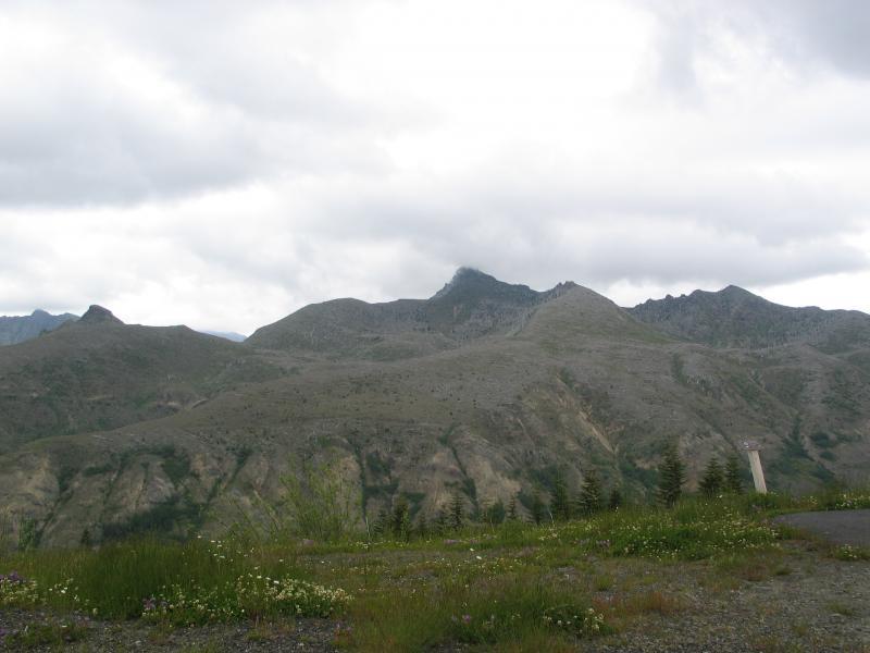 A panoramic view of rugged mountain landscape under a cloudy sky. The foreground features sparse vegetation with some wildflowers, while the middle ground showcases a series of rolling hills and peaks, creating a dramatic mountain backdrop. Ape Canyon#234, Abraham#216d, Smith Creek#225 Trails mountain bike trail.