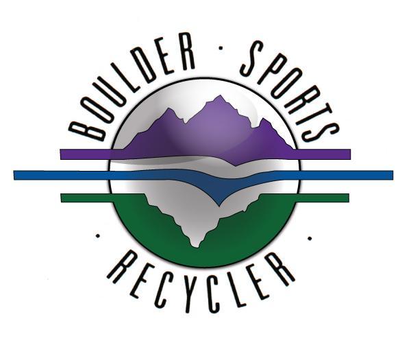 Logo for Boulder Sports Recycler, featuring mountains in purple and green within a circular design, with the text "BOULDER" at the top, "SPORTS" in the middle, and "RECYCLER" at the bottom. The design incorporates horizontal lines in blue and green.