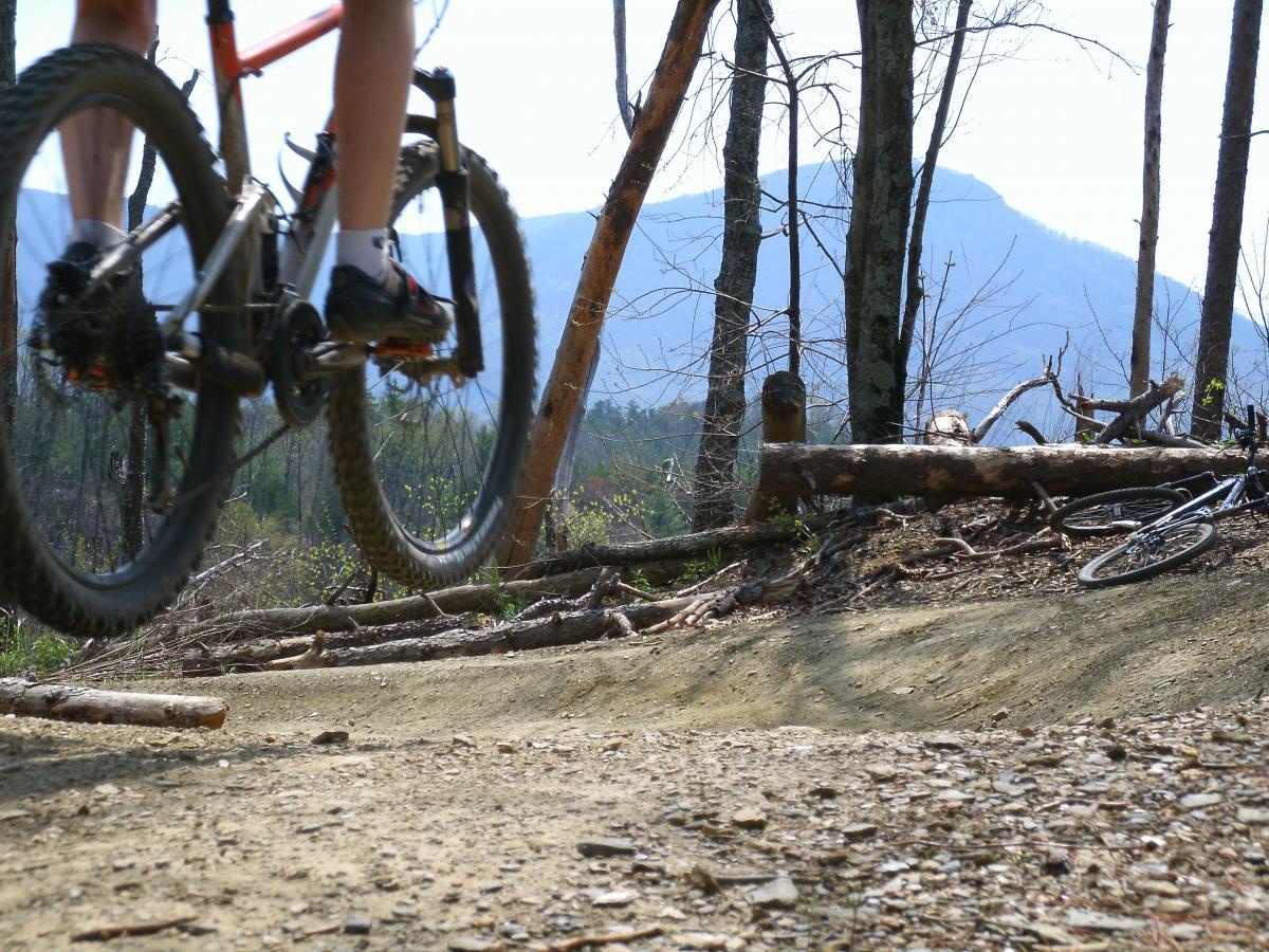 A mountain biker in mid-air jumps over a dirt trail surrounded by trees, with mountains visible in the background. The bike's wheels are lifted off the ground, showcasing a dynamic action shot of outdoor cycling. Windy Gap Trail mountain bike trail.