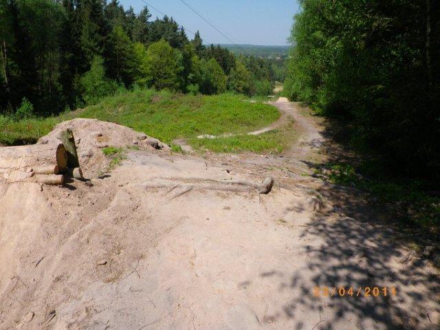 A dirt pathway leading through a lush, green landscape with trees on both sides. In the foreground, there is a small dirt mound with a log partially buried in the sand. The path curves gently into the distance, fading into the horizon under a clear blue sky. Tiergarten mountain bike trail.