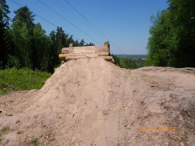 A dirt ramp with wooden logs at the top, set in a natural landscape surrounded by trees and blue skies. Power lines are visible in the background. Tiergarten mountain bike trail.