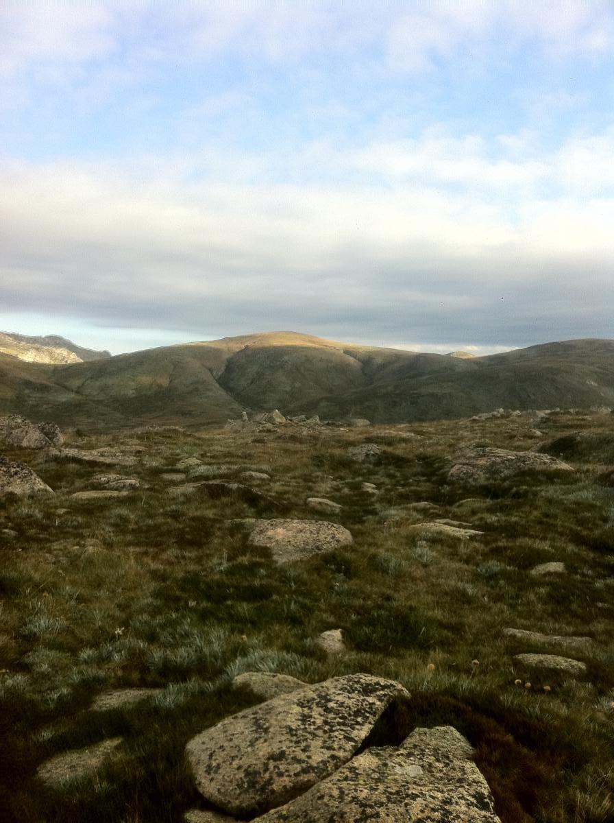 A scenic view of rolling hills and rocky terrain under a partly cloudy sky, with sunlight illuminating the higher ground in the distance. The foreground features a grassy landscape dotted with large rocks. Charlottes Pass Summit Trail mountain bike trail.