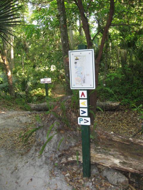 Trail sign in a wooded area, featuring a map and directional arrows for navigating the path. A secondary sign labeled "Red Panther" is in the background. The surroundings are lush with greenery and fallen leaves. Chuck Lennon Park mountain bike trail.