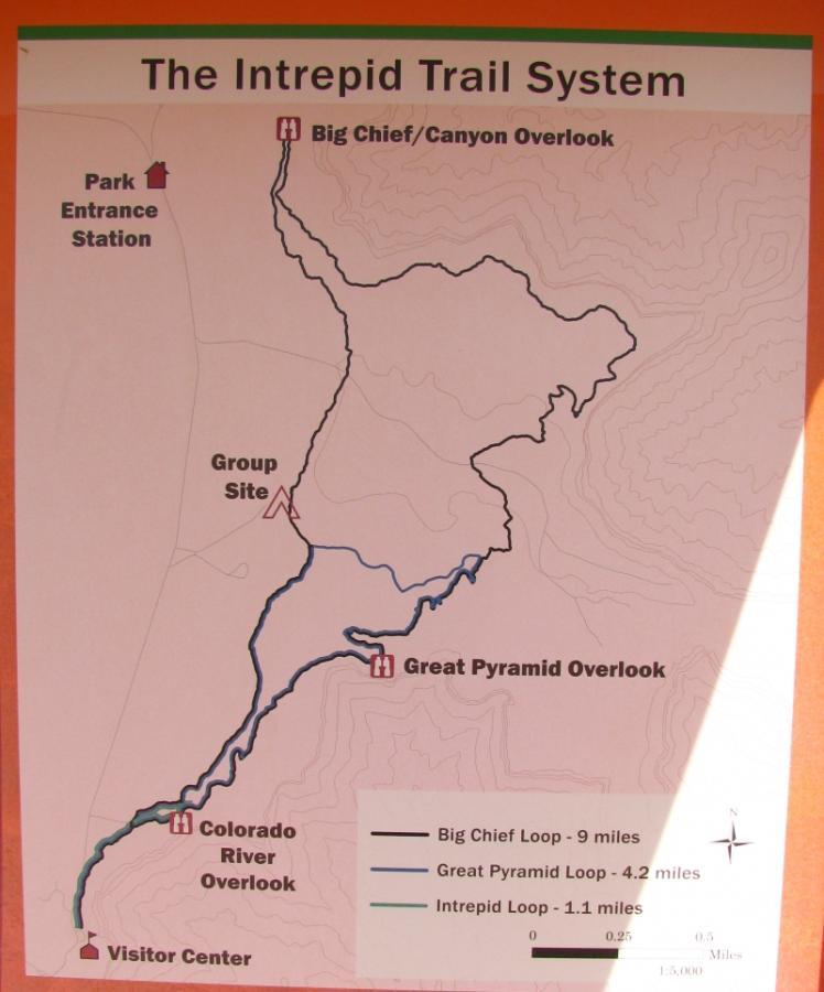 Map of the Intrepid Trail System, featuring marked trails including the Big Chief Loop (9 miles), Great Pyramid Loop (4.2 miles), and Intrepid Loop (1.1 miles). Key locations such as the Park Entrance Station, Visitor Center, Group Site, Big Chief/Canyon Overlook, Great Pyramid Overlook, and Colorado River Overlook are indicated with icons. The map is color-coded to differentiate between the various trails and includes contour lines for elevation reference. Dead Horse Point State Park mountain bike trail.