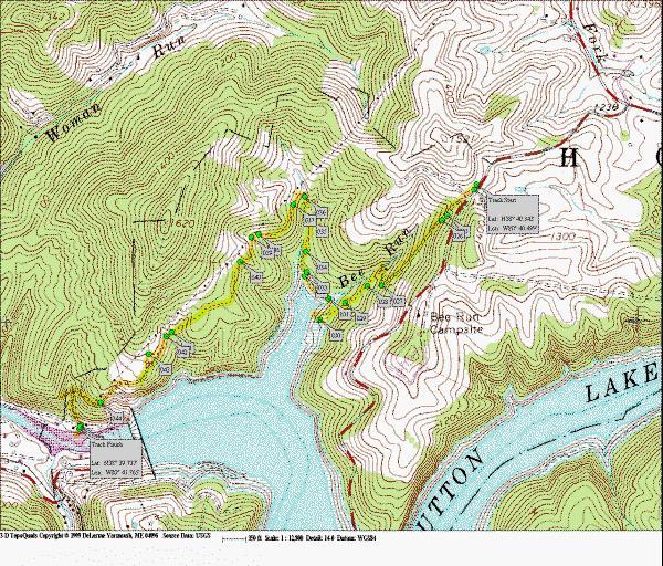 Topographical map showing contour lines, trails, and landmarks around Big Run Campground and nearby water bodies, with elevation markers and labeled features. Jeremiah Carpenter Trail mountain bike trail.