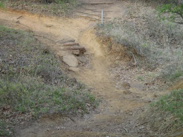 Pathway through a forested area with a mix of dirt and rocky terrain. The ground shows signs of erosion, and there are scattered leaves and grass along the edges. A white marker stands vertically in the background, indicating a trail or area boundary. Horseshoe mountain bike trail.