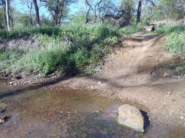 A clear, natural scene depicting a small creek with a partially dry, sandy bank. Lush green vegetation and low shrubs line the edge, while a dirt path leads up from the water's edge into a wooded area in the background. Sunlight filters through the trees, creating a serene outdoor atmosphere. Northshore Trail mountain bike trail.
