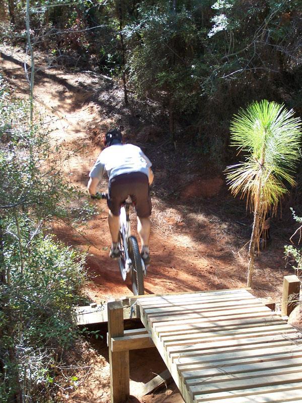 A mountain biker in a gray shirt and brown shorts rides over a wooden bridge on a dirt trail, surrounded by trees and foliage in a natural setting. Games Loop mountain bike trail.