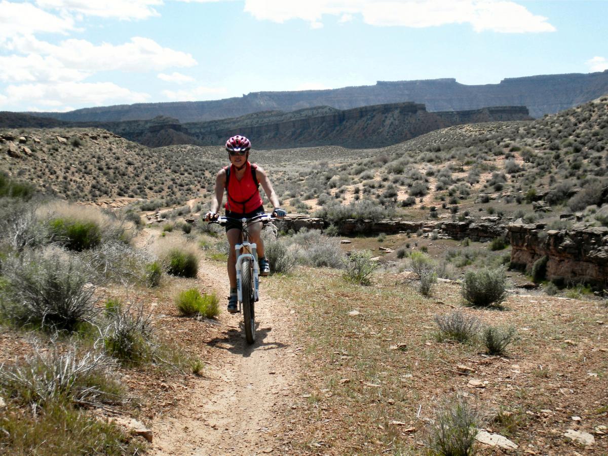 A person riding a mountain bike on a dirt trail surrounded by rugged terrain and sparse vegetation, with scenic cliffs and blue skies in the background. J.E.M. Trail mountain bike trail.