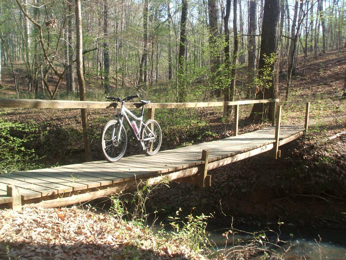 A mountain bike is parked on a wooden bridge surrounded by trees in a lush forest. Sunlight filters through the leaves, casting soft shadows on the bridge and the ground covered in fallen leaves. A small creek runs beneath the bridge. Turkey Creek mountain bike trail.
