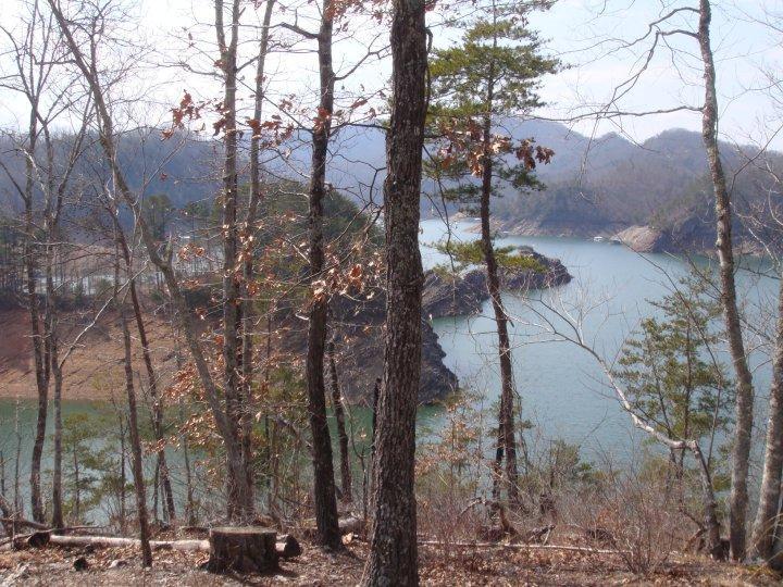 A scenic view of a lake surrounded by bare trees and rolling hills in the background. The calm water reflects the muted colors of the landscape, with some greenery visible among the foliage. The scene captures the tranquil beauty of nature during a clear day. Tsali Thompson Loop mountain bike trail.