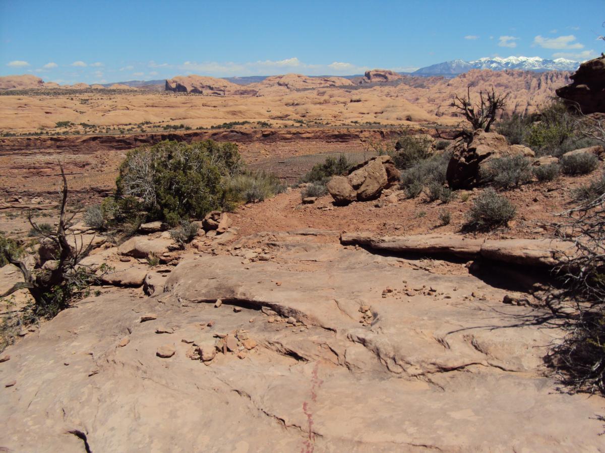 Landscape view of a rocky terrain with sparse vegetation, featuring layered sandstone formations and distant mountains under a clear blue sky. The foreground includes a rocky path with scattered rocks and shrubs. Rockstacker mountain bike trail.