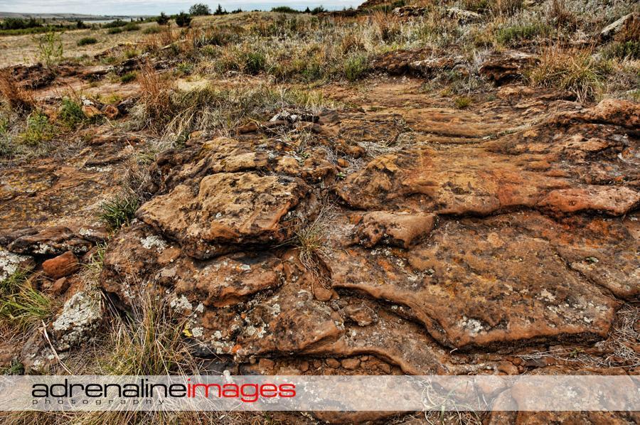 Rocky terrain with layers of weathered stone and patches of grass, set against a backdrop of open landscape under a cloudy sky. Switchgrass mountain bike trail.