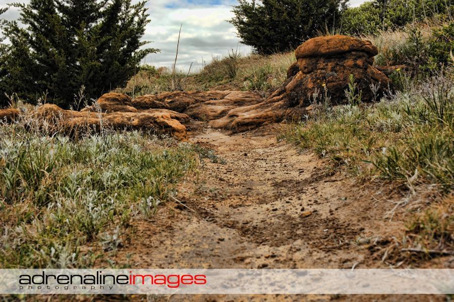 A narrow dirt path winds through a scenic landscape, flanked by patches of green grass and rocky formations. A large, rounded rock formation is prominent on the right side of the path, with sparse vegetation nearby. The sky is partly cloudy, adding a soft light to the natural surroundings. Switchgrass mountain bike trail.