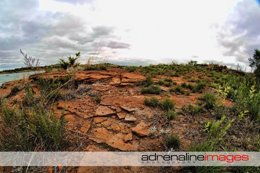 A rocky shore with reddish-brown terrain, scattered with patches of green grass and small shrubs. The landscape gently slopes down to a body of water, with overcast skies above. The natural setting conveys a serene outdoor environment. Switchgrass mountain bike trail.