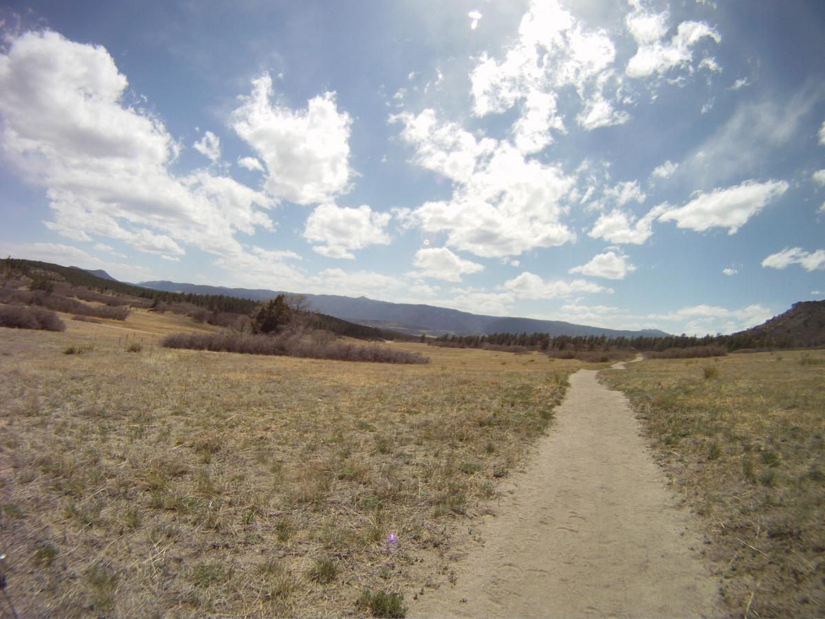A sandy path winds through a vast open field, bordered by dense bushes and distant mountains under a bright blue sky. Fluffy white clouds drift across the sky, casting shadows on the landscape. The scene conveys a peaceful and natural outdoor setting. Dawson's Butte mountain bike trail.