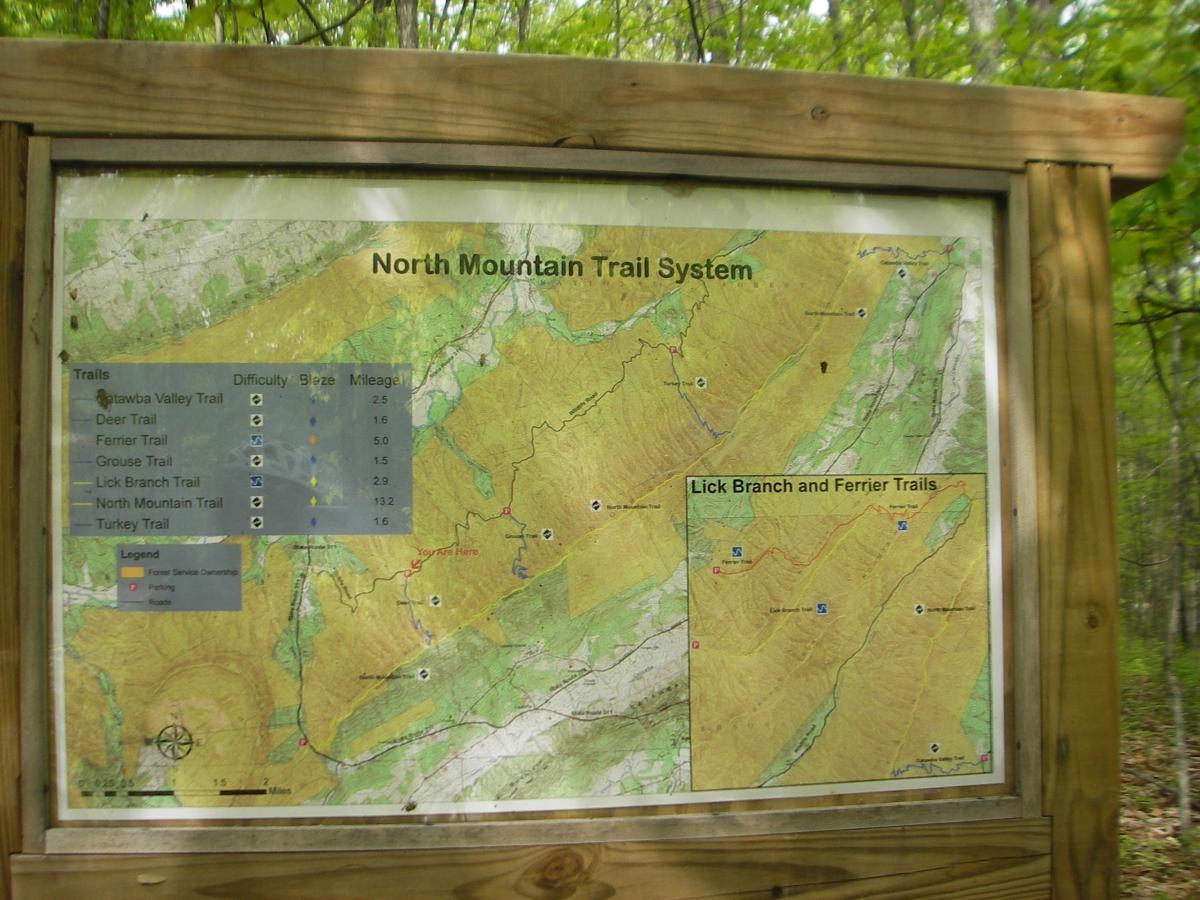 Map of the North Mountain Trail System, displaying various hiking trails, their respective difficulties, lengths in miles, and a legend indicating features such as parking and forest service ownership. The map includes details on trails like the North Mountain Trail and shows the current location marked as "You Are Here." Surrounding vegetation is visible, indicating a forested area. Dragon's Back mountain bike trail.